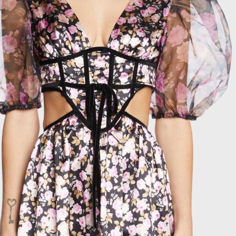 For Love & Lemons Maddison Floral Midi Dress with Puff Sleeves & Bustier Front - Picture 2 of 4